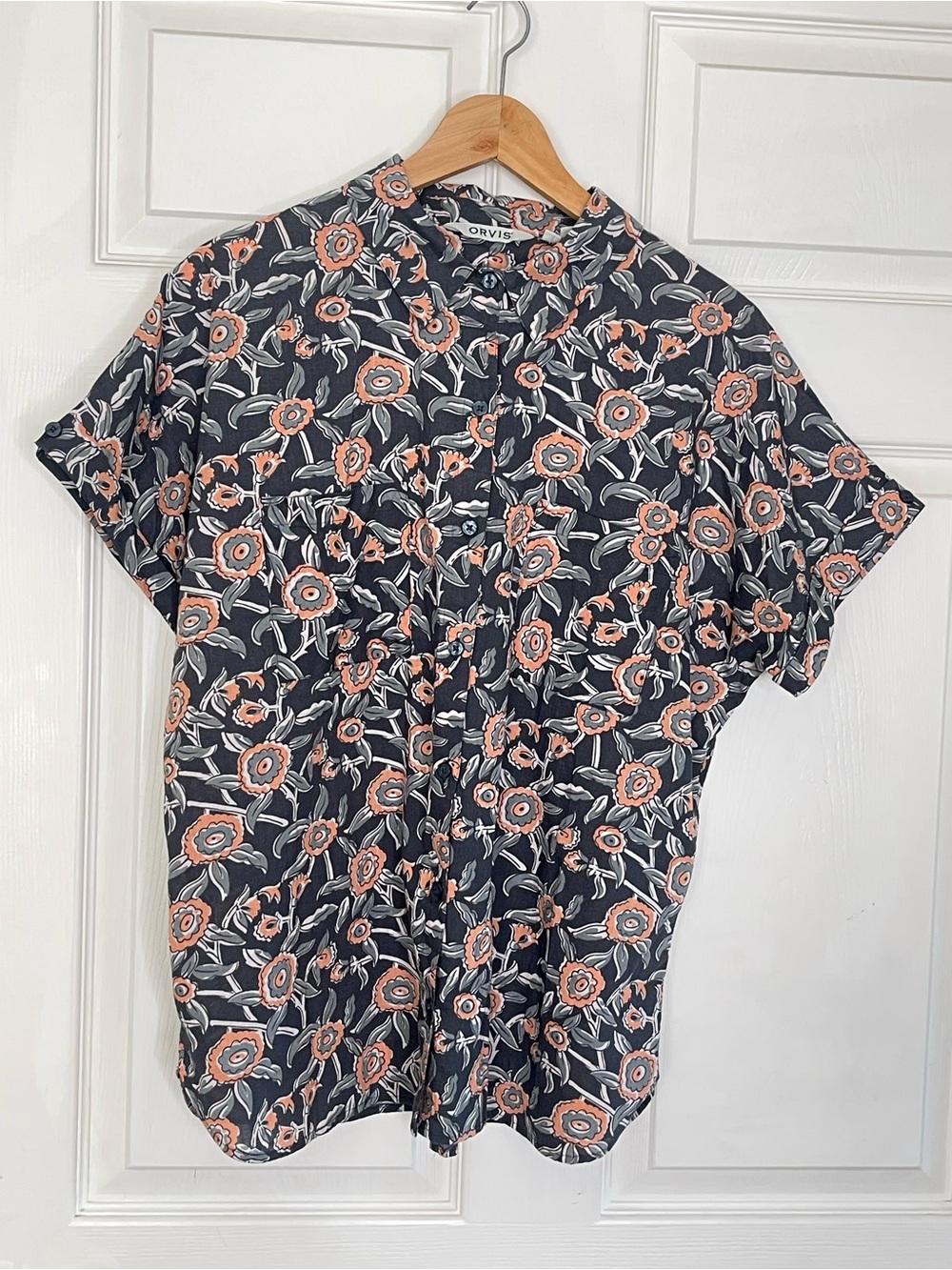 NWOT Orvis Navy Short-Sleeve Button-Down with Coral Floral Print